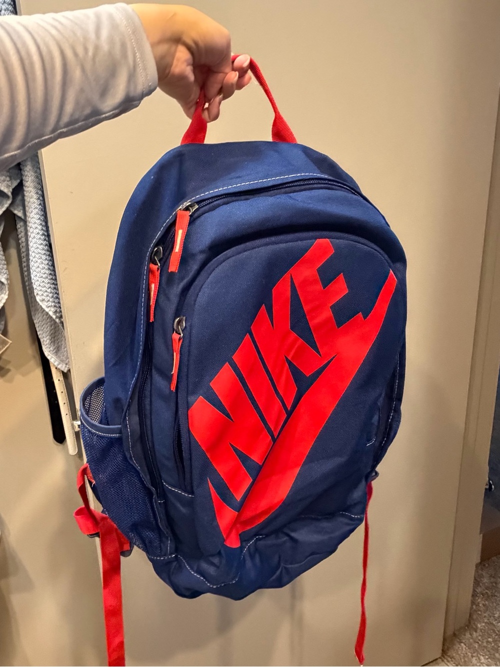 Nike Navy/Purple Backpack with Red/Hot Pink Logo and Accents